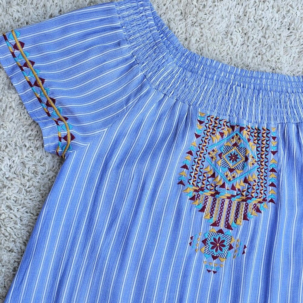 Andree by UNIT Dress. Blue White Striped Colorful Southwestern Embroidery Size M - Picture 11 of 15